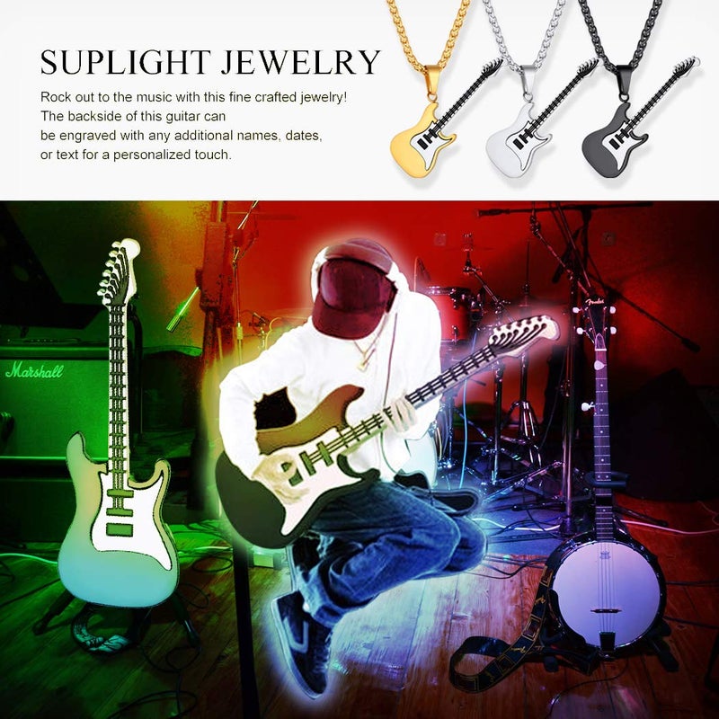 Suplight Silver Electric Guitar Charm for Men Women Rock Punk Music Jewelry Stainless Steel Custom Engrave Guitar Bass Pendant Necklace - Image 3